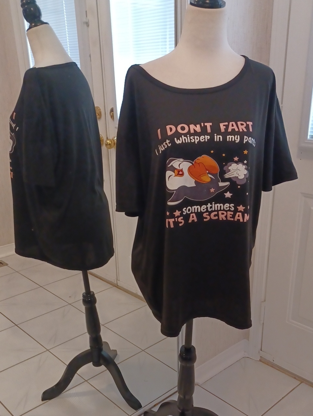 4/$30 Black Graphic Tee with Humorous Penguin Print - Size 3XL